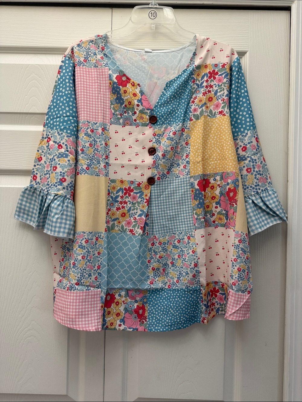 Patchwork Floral & Gingham Button Blouse in Blue, Pink & Yellow